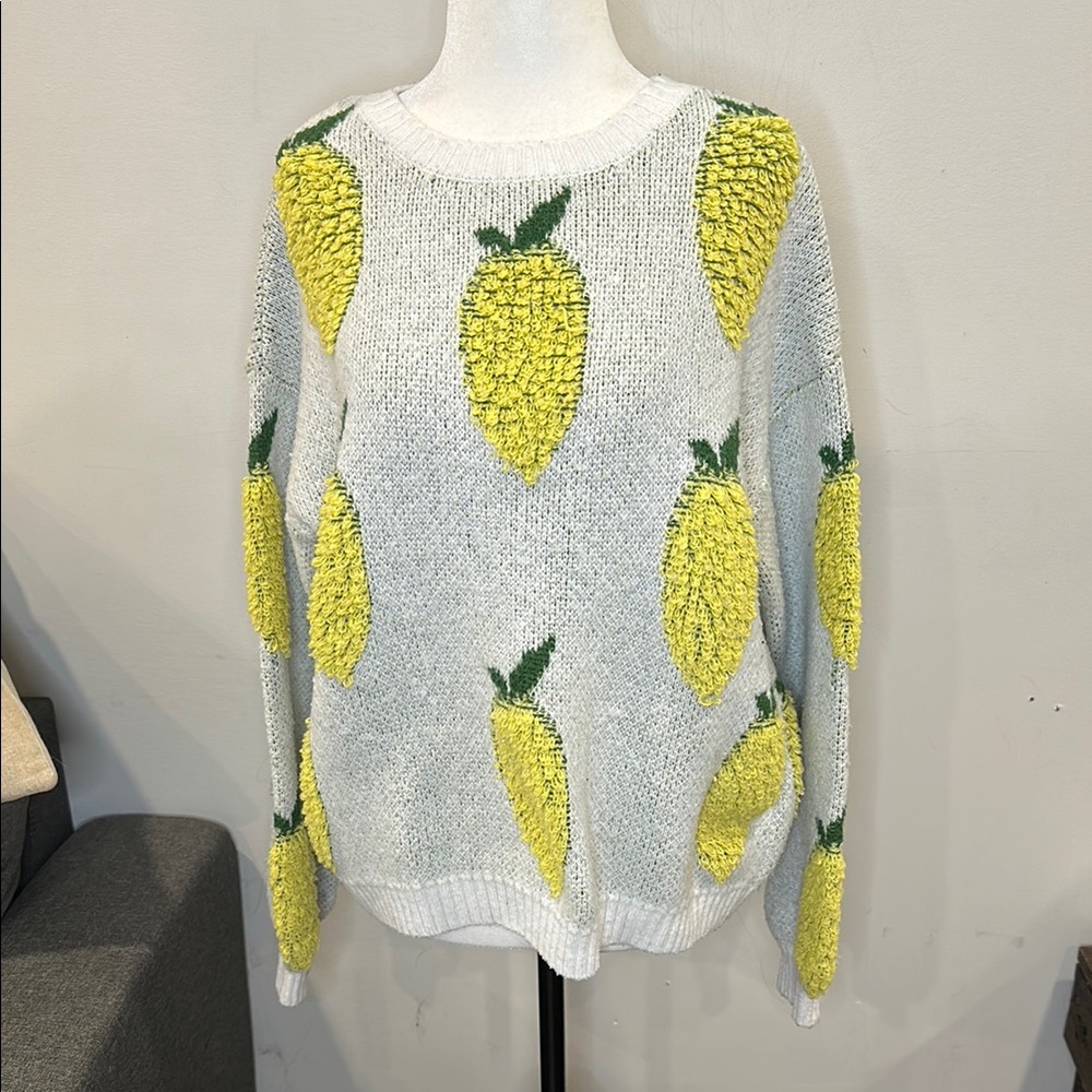 Moon & Madison White and Yellow Lemon Knit Crew Neck Sweater